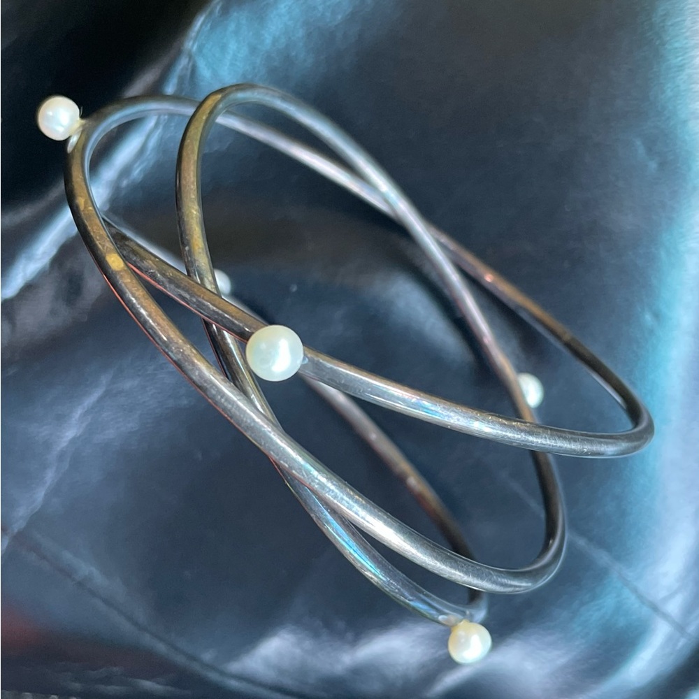 REAL PEARL BANGLE BRACELET Silver artisan 9” inches long, 3” diameter, Vintage